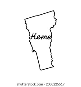 Mapa de esquema del estado de Vermont con la palabra HOME escrita a mano. Dibujo continuo de la línea del signo patriótico del hogar. Un amor por una pequeña patria. La idea de la decoración interior Ilustración vectorial.