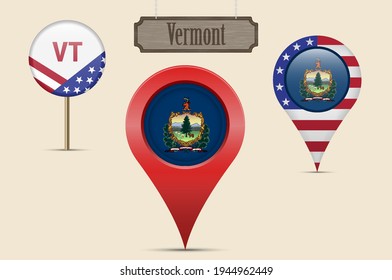 Vermont US state round flag. Map pin, red map marker, location pointer. Hanging wood sign in vintage style. Vector illustration. American stars and stripes flag. Two-letter state abbreviation.