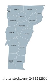 Vermont, U.S. state, subdivided into 14 counties, gray political map with borders and county names. State in the New England region of Northeastern United States, nicknamed The Green Mountain State.