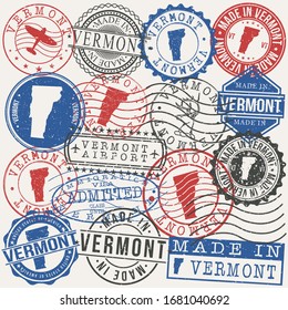 Vermont, USA Set of Stamps. Travel Passport Stamps. Made In Product. Design Seals in Old Style Insignia. Icon Clip Art Vector Collection.