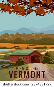 Vermont USA Travel Poster, autumn rural landscape