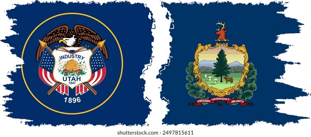 Vermont and Utah states grunge brush flags connection, vector