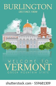 Vermont vector american poster. USA travel illustration. United States of America colorful greeting card, Burlington.