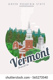 Vermont vector american poster. USA travel illustration. United States of America colorful greeting card, Burlington.