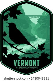 Vermont vector label with Hermit thrush near Quechee Gorge Bridge