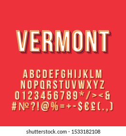 Vermont Vintage 3d Vector Lettering. Retro Bold Font, Typeface. Pop Art Stylized Text. Old School Style Letters Numbers, Symbols, Elements Pack. 90s, 80s Poster Typography Design. Red Color Background