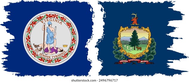 Vermont and Virginia states grunge brush flags connection, vector