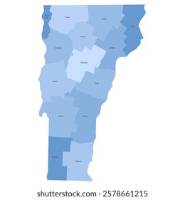 Vermont, VT - detailed political map of US state. Administrative map divided into counties. Blue map with county name labels. Vector illustration