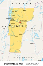 Vermont, VT, political map with capital Montpelier, borders, cities, rivers and lakes. Northeastern state in the New England region of the United States. The Green Mountain State. Illustration. Vector