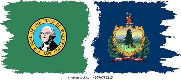 Vermont and Washington states grunge brush flags connection, vector