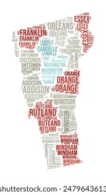 Vermont Word Cloud. State shape with county division. Vermont typography style image. County names tag clouds. Vector illustration.