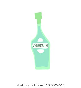 Vermouth bottle on white background. Cartoon sketch graphic design. Doodle style. Hand drawn image. Party drinks concept. Freehand drawing style. Vector.
