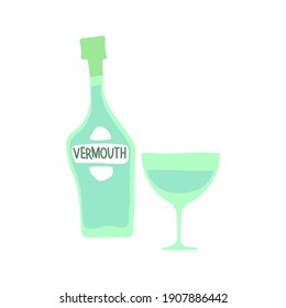 Vermouth bottle and wineglass on white background. Cartoon sketch graphic design. Doodle style. Hand drawn image. Party drinks concept. Freehand drawing style. Vector.
