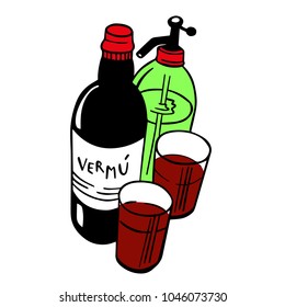 Vermouth color illustration. Bottle, siphon and glasses. 