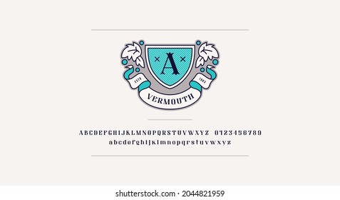 Vermouth emblem and decorative serif font. Letters and numbers for logo and label design. Vector illustration