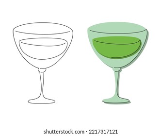 Vermouth glass on white background. Cartoon sketch graphic design. Flat style. Colored hand drawn image. Party drink concept for restaurant, cafe, party. Freehand drawing style. Vector.
