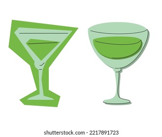 Vermouth glass on white background. Cartoon sketch graphic design. Flat style. Colored hand drawn image. Party drink concept for restaurant, cafe. Freehand. Two kinds of illustration.