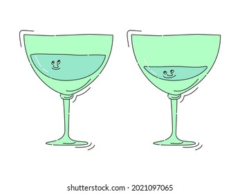 Vermouth glassware with smile face on white background. Cartoon sketch graphic design. Doodle style with black contour line. Cute hand drawn glass. Party drinks concept. Kawaii freehand drawing style
