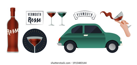 Vermouth Rosso. Lettering Composition with Decorative Elements. Bottle. Badge. Hand Pour Liquid. Car. Kinds of Glasses. Modern Vector Illustration. Social Media Ads.