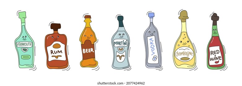 Vermouth, rum, beer, martini, vodka, champagne, red wine with smile on white background. Cartoon sketch graphic design. Doodle style with black contour line. Cute hand drawn bottle. Party drinks.
