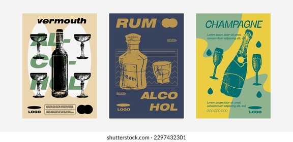 Vermouth, rum, champagne wall art posters. Alcoholic beverage garnish with orange, lime and cherry. Summer aperitif tropical vertical print. Minimalist vector illustration.