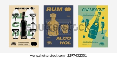 Vermouth, rum, champagne wall art posters. Alcoholic beverage garnish with orange, lime and cherry. Summer aperitif tropical vertical print. Minimalist vector illustration.