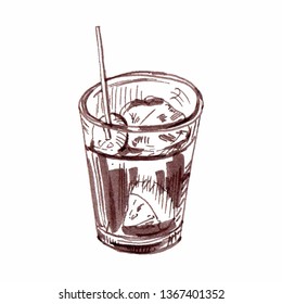 Vermouth, traditional Spanish appetizer. Hand drawn vector illustration. Sketch drawing, ink brushpen. Single glass isolated on white background