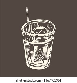 Vermouth, traditional Spanish appetizer. Hand drawn vector illustration. Sketch drawing, white chalk on blackboard. Single glass isolated on dark background