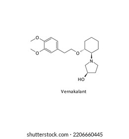 Molécula vernakalant estructura esquelética plana, fármaco antiarritmia clase III - bloqueante de canales K utilizado en la disritmia cardíaca Ilustración vectorial sobre fondo blanco.