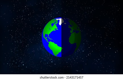 Vernal equinox dark planet earth in space, vector art illustration.