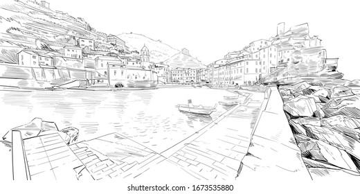 Vernazza. Italy. Urban Sketch. Mediterranean City. Hand Drawn Vector Illustration