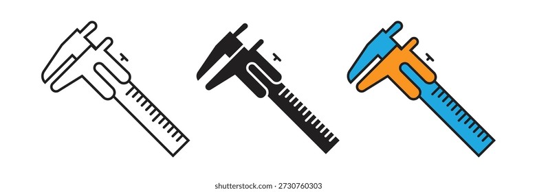 Iconos de calibre de Vernier que representan herramientas de medición de precisión para ingeniería, metalurgia y dibujo técnico en formatos de contorno, glifo y Vector colorido.