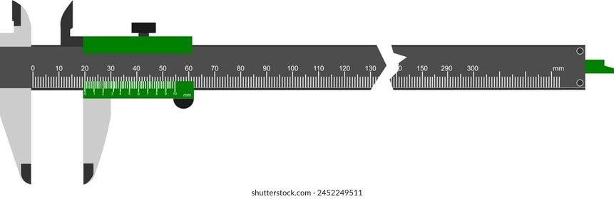 A Vernier caliper isolated on white background.. Its a visual aid to take an accurate measurement reading between two graduation markings on a linear scale by using mechanical interpolation