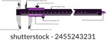 A Vernier caliper isolated with its parts name. Its a visual aid to take an accurate measurement reading between two graduation markings on a linear scale by using mechanical interpolation