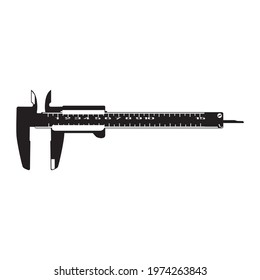 Vernier caliper scale, precise measurement instrument, black silhouette, vector illustration isolated on white background. Measuring work tools.