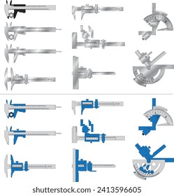 The Vernier caliper set (from it. Stangenzirkel) and Goniometer. Vector. Shtangenglubinometer, Shtangenreysmas.
Caliper SHC,Protractor UG . Rod depth gauge, vernier depth gauge. Strangeness.