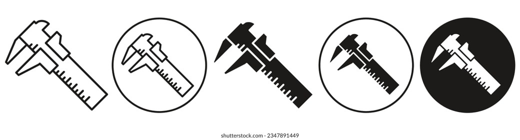 Símbolo de la pinza de freno de Vernier. Conjunto de vectores de diámetro preciso de cualquier herramienta de medición de objetos que se utilice en diversos trabajos industriales. Logotipo plano delineado del equipo de regla del micrómetro para el dial de longitud precisa