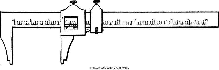 Vernier Caliper, used to take an accurate measurement reading between two graduation markings on a linear scale by using mechanical interpolation; therefore, reduces human estimation error, vintage.