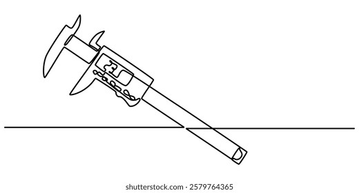 vernier continuous one line drawing on a white background, A simple line drawing of a Vernier Caliper, Different engineering drawings and vernier caliper on gray textured table, top view. Space pro. 