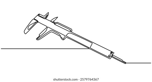 vernier continuous one line drawing on a white background, A simple line drawing of a Vernier Caliper, Different engineering drawings and vernier caliper on gray textured table, top view. Space pro. 