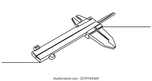 vernier continuous one line drawing on a white background, A simple line drawing of a Vernier Caliper, Different engineering drawings and vernier caliper on gray textured table, top view. Space pro. 