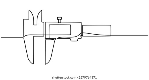 vernier continuous one line drawing on a white background, A simple line drawing of a Vernier Caliper, Different engineering drawings and vernier caliper on gray textured table, top view. Space pro. 