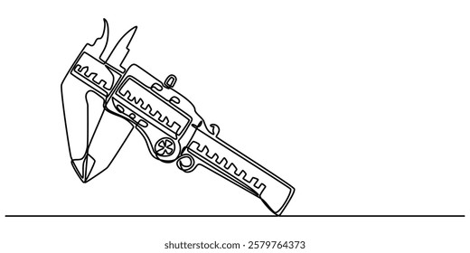 vernier continuous one line drawing on a white background, A simple line drawing of a Vernier Caliper, Different engineering drawings and vernier caliper on gray textured table, top view. Space pro. 