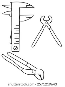 Vernier Scale, Pliers in a construction vector set include a saw, ideal for cutting wood, metal, a drill, which creates holes in various materials. clean, modern vector style.