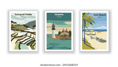 Vero Beach, Florida, Victoria, Canadá, Vietnamita, Terrached Fields - póster de viaje de Antiguas. Ilustración vectorial. Impresiones de alta calidad