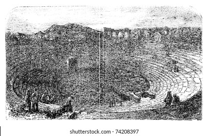 Verona Arena in 1890, in Verona, Italy. Vintage engraving. Engraved illustration of the Verona Arena, with people sitting and working. Vector illustration.