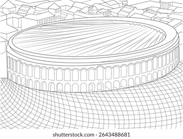 Verona Arena Line Art Illustration, A detailed black and white line art illustration of the historic Verona Arena in Italy, showcasing its architectural structure and surrounding buildings. Ideal