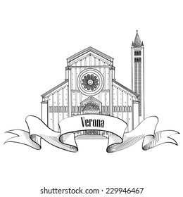 Verona city label. travel Italy icon. Famous italian building Church of San Zeno sketch. Sightseeing icon.