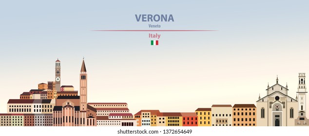 Verona city skyline on colorful gradient beautiful day sky background with flag of Italy. Vector illustration