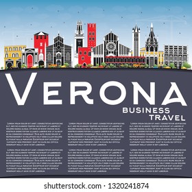 Verona Italy City Skyline with Color Buildings, Blue Sky and Copy Space. Vector Illustration. Business Travel and Tourism Concept with Historic Architecture. Verona Cityscape with Landmarks.